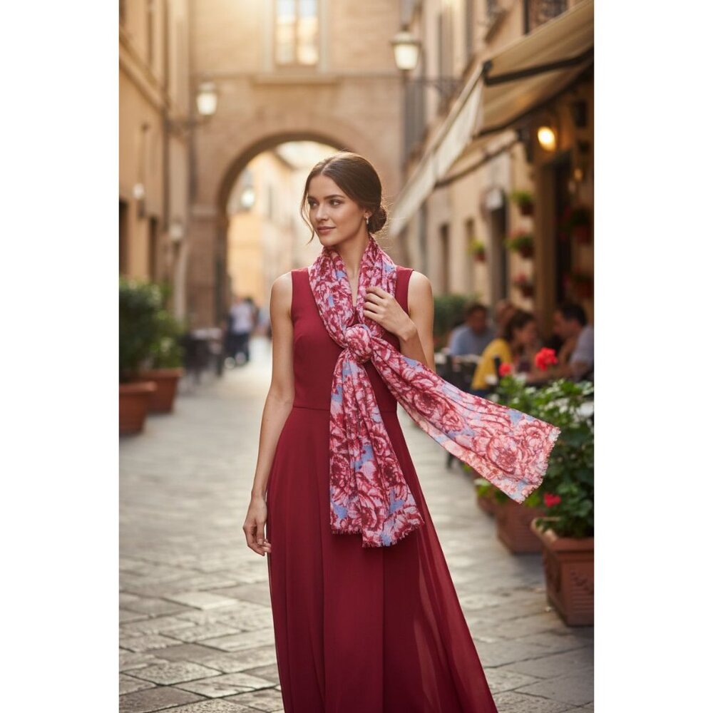 Floral Pattern Pink & Blue Lightweight Scarf Wrap For Women 72" Long x 26" Wide - Picture 3 of 16
